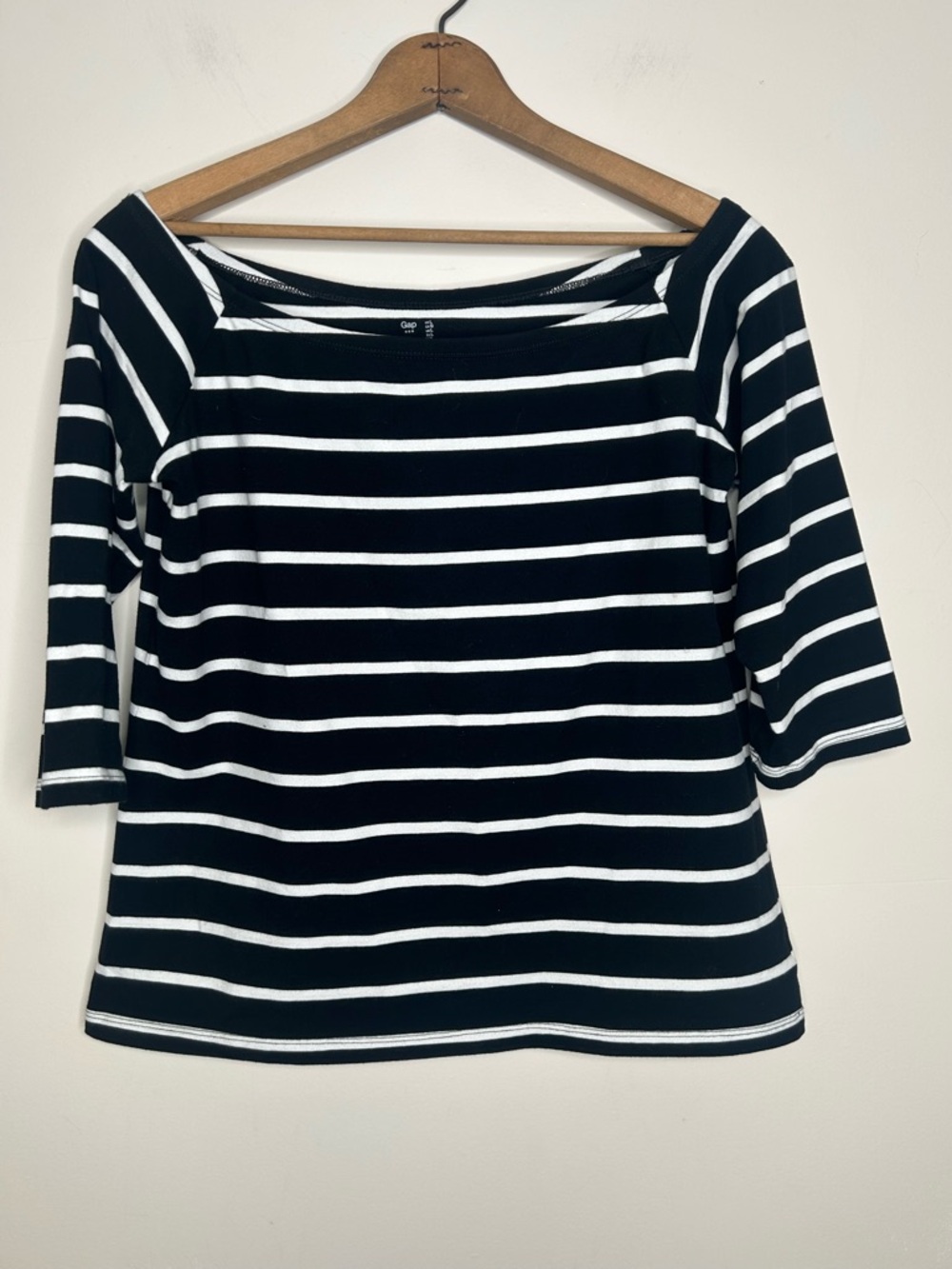 Gap Black White Stripe Wide Neck Stretchy Size L Almost Off-Shoulder 3/4 Sleeve